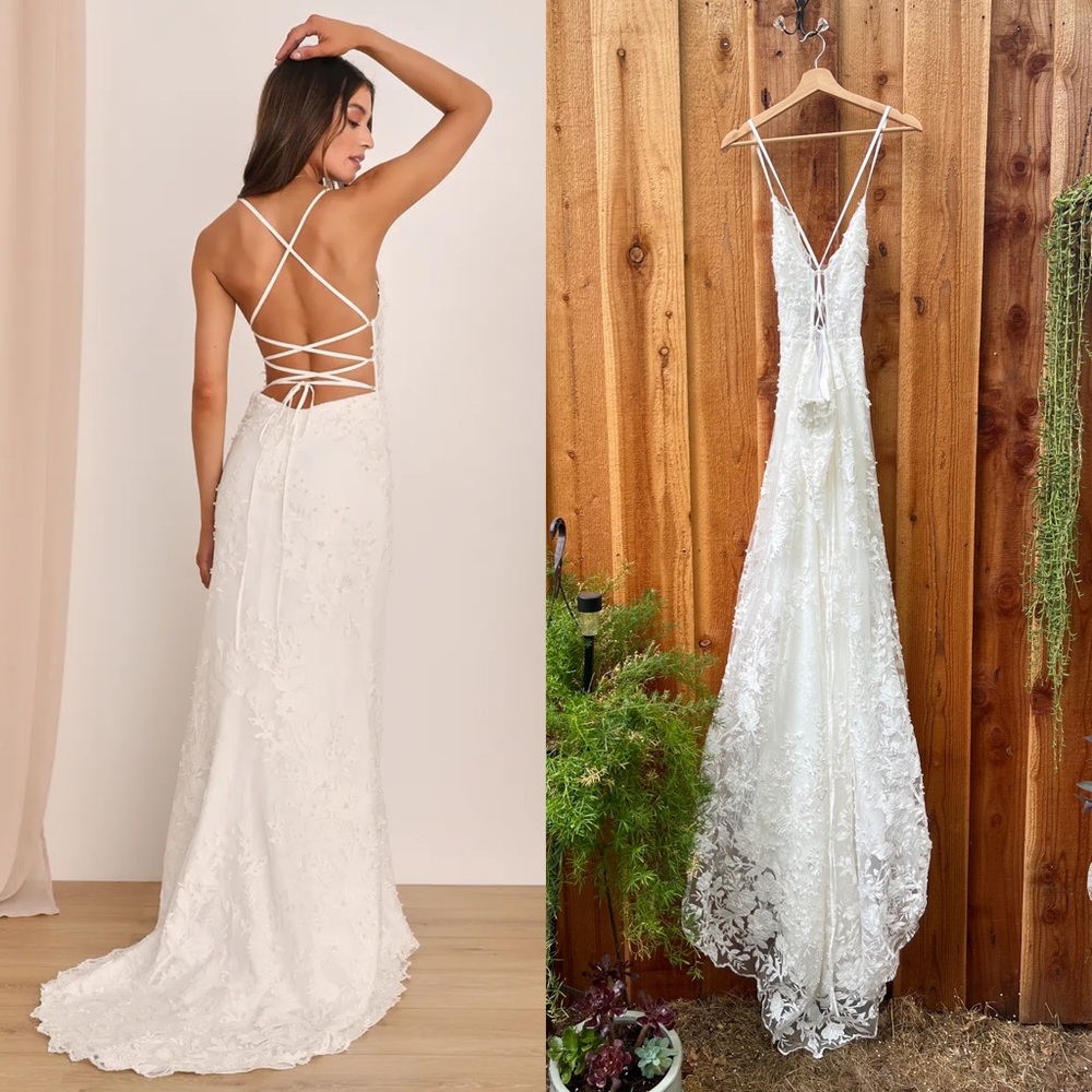 Ivory White Pearl Lace-Up Backless Maxi Dress w/ Train 🌿